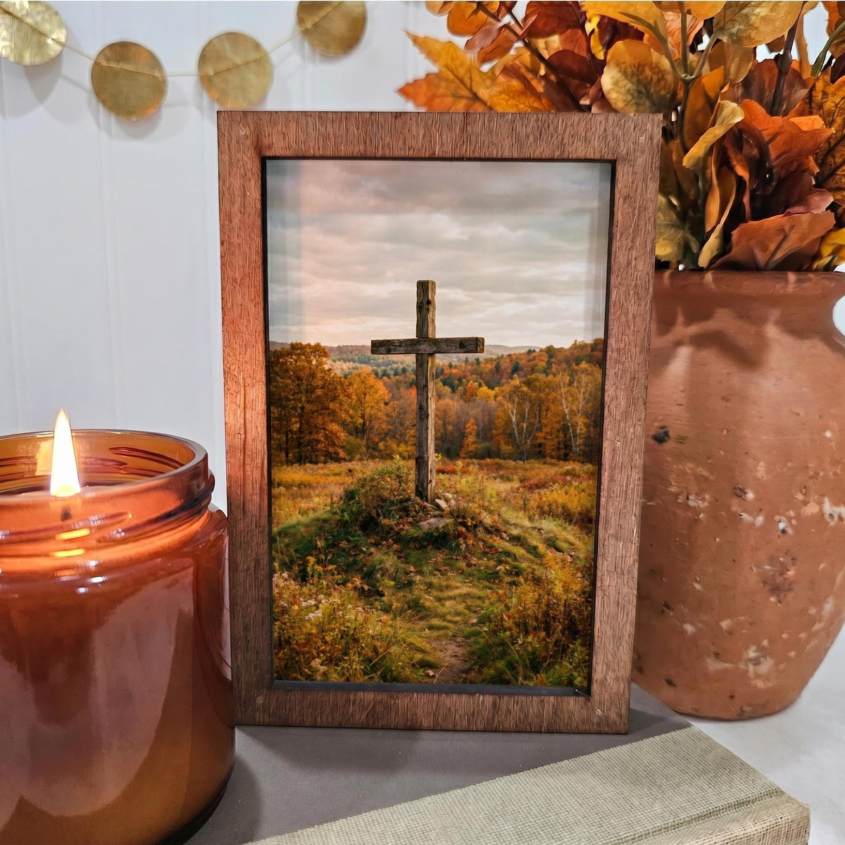 BD Lasers 4x6 wood block sign - Fall Rugged Cross in Meadow