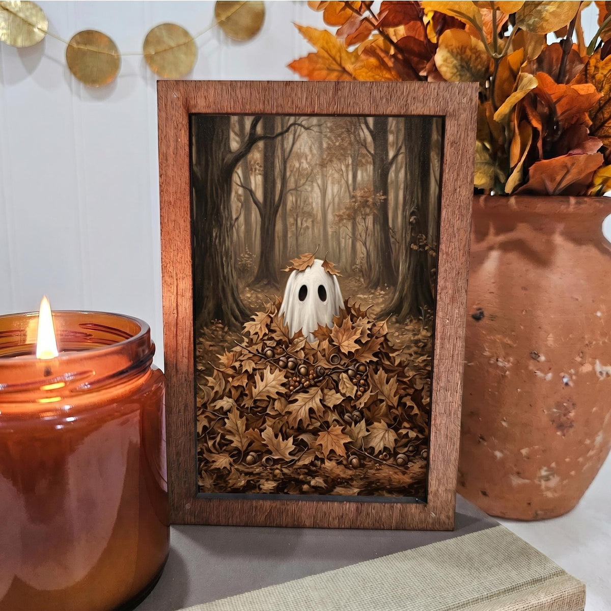 BD Lasers 4x6 wood block sign - Fall Ghost Poking Out of Leaves