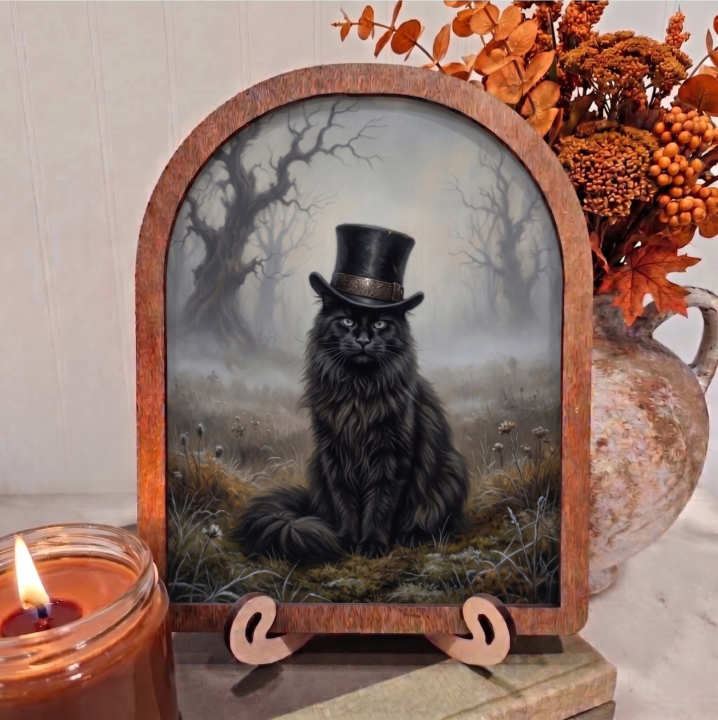 Arch Maine Coon Black Cat Framed Art Halloween Fall