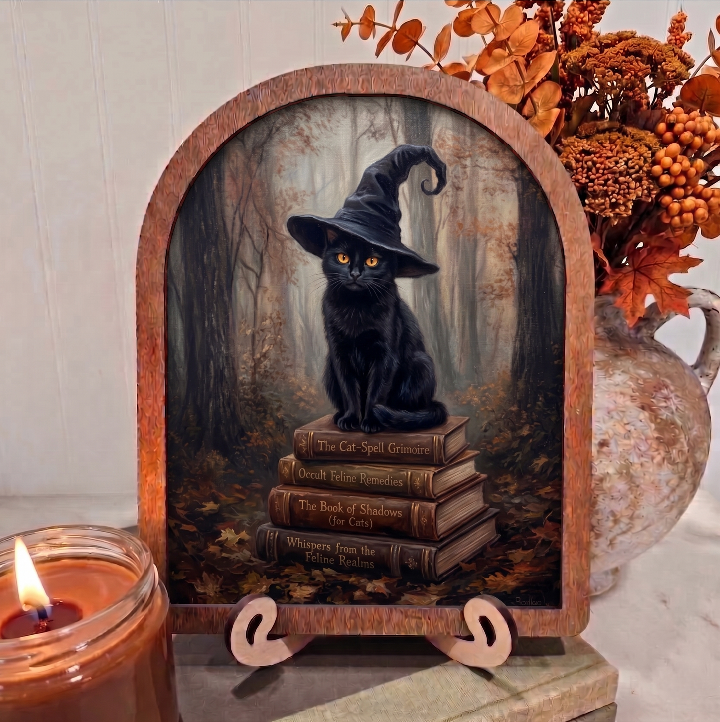 Arch Book Stack Black Cat Framed Art Halloween Fall