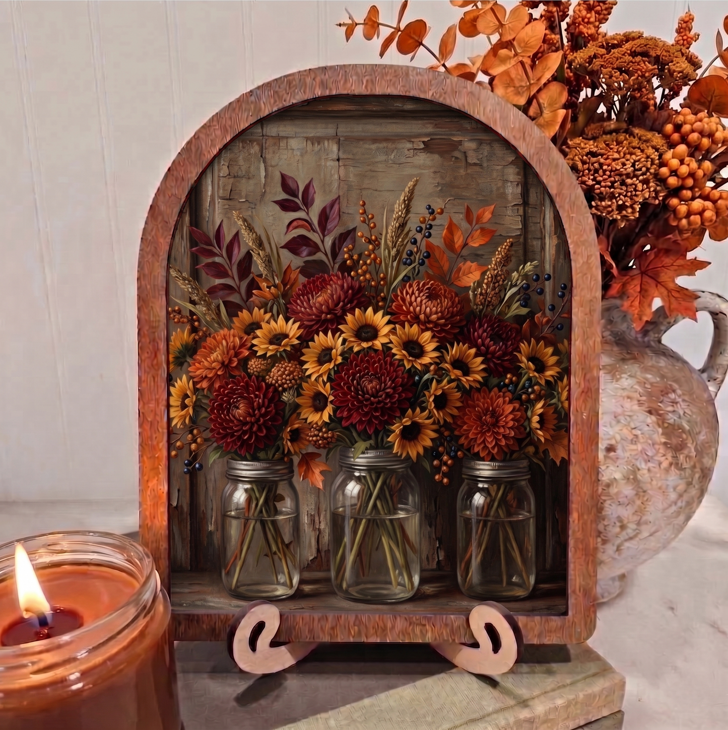 Arch Mason Jar Fall Flowers Framed Art Halloween