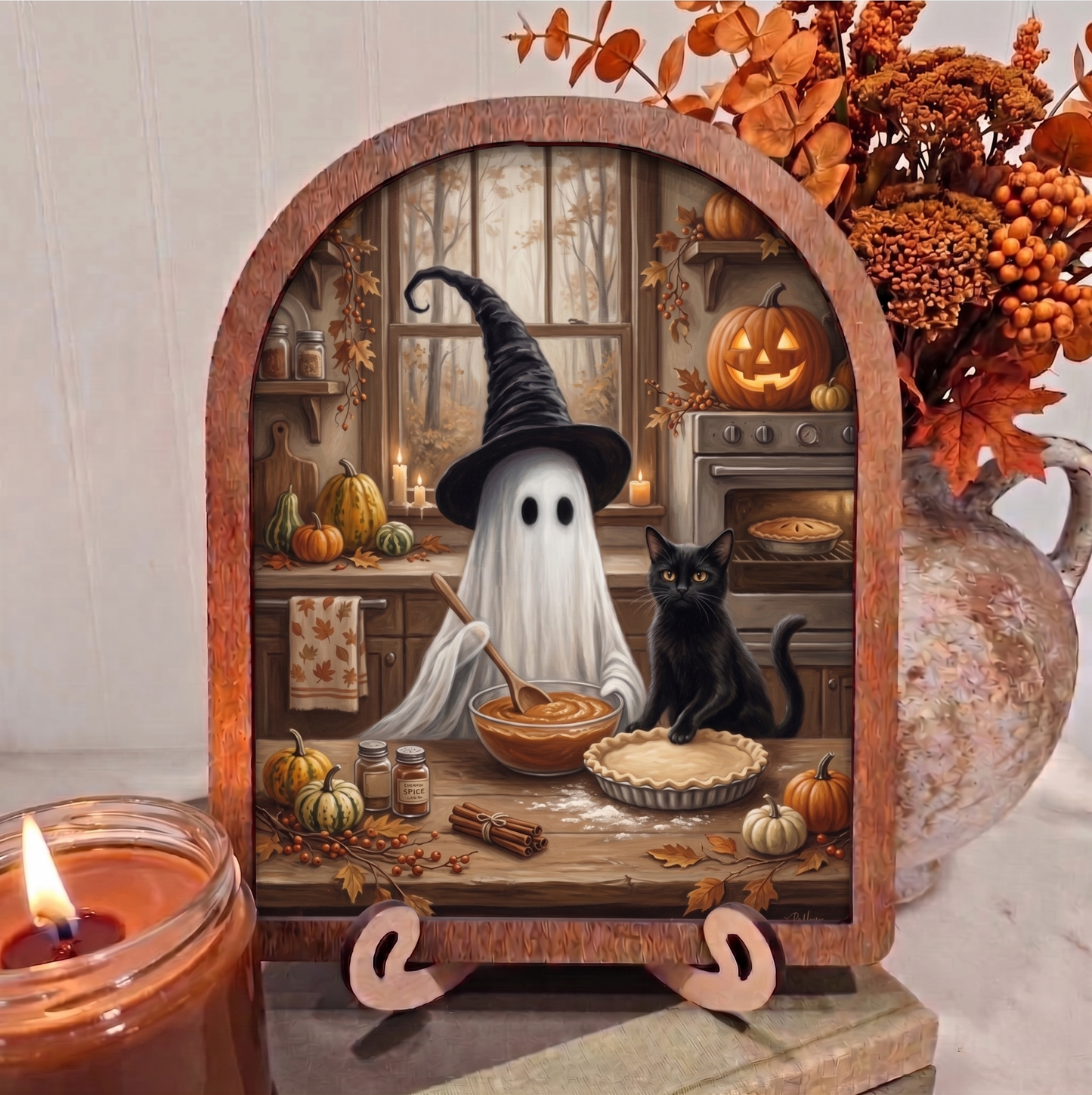 Arch Ghost Baking Pumpkin Pies with Black Cat Framed Art Halloween Fall