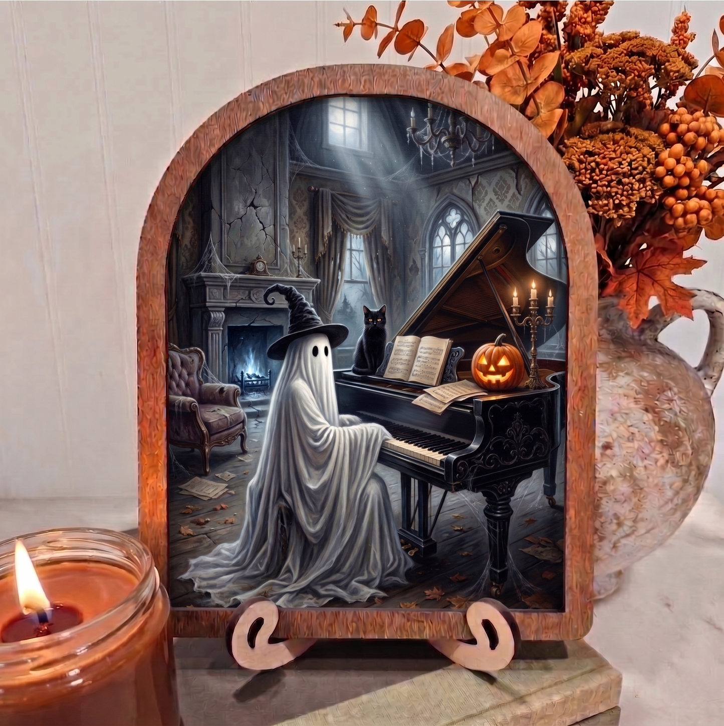 Arch Ghost Playing Piano in Haunted House with Black Cat Framed Art Halloween Fall