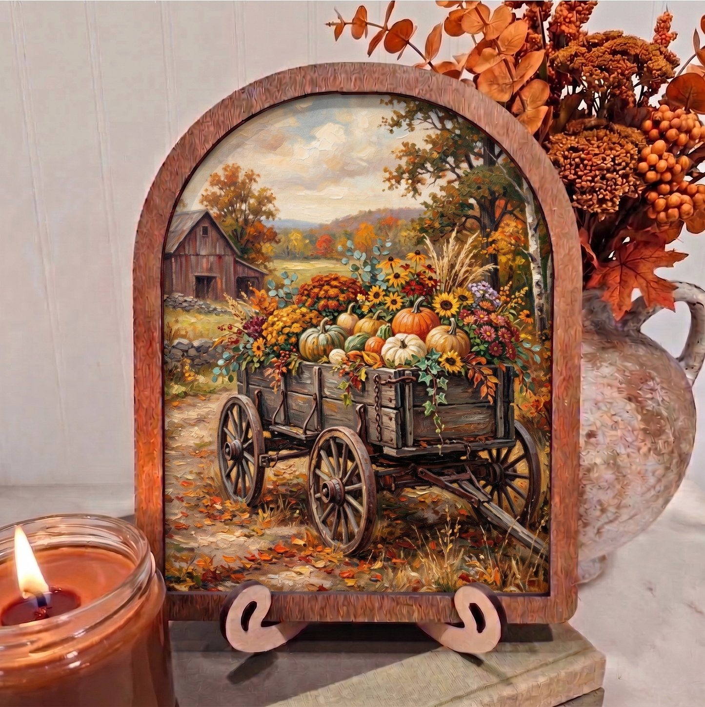 Arch Wagon with Flowers and Pumpkins Framed Art Halloween Fall
