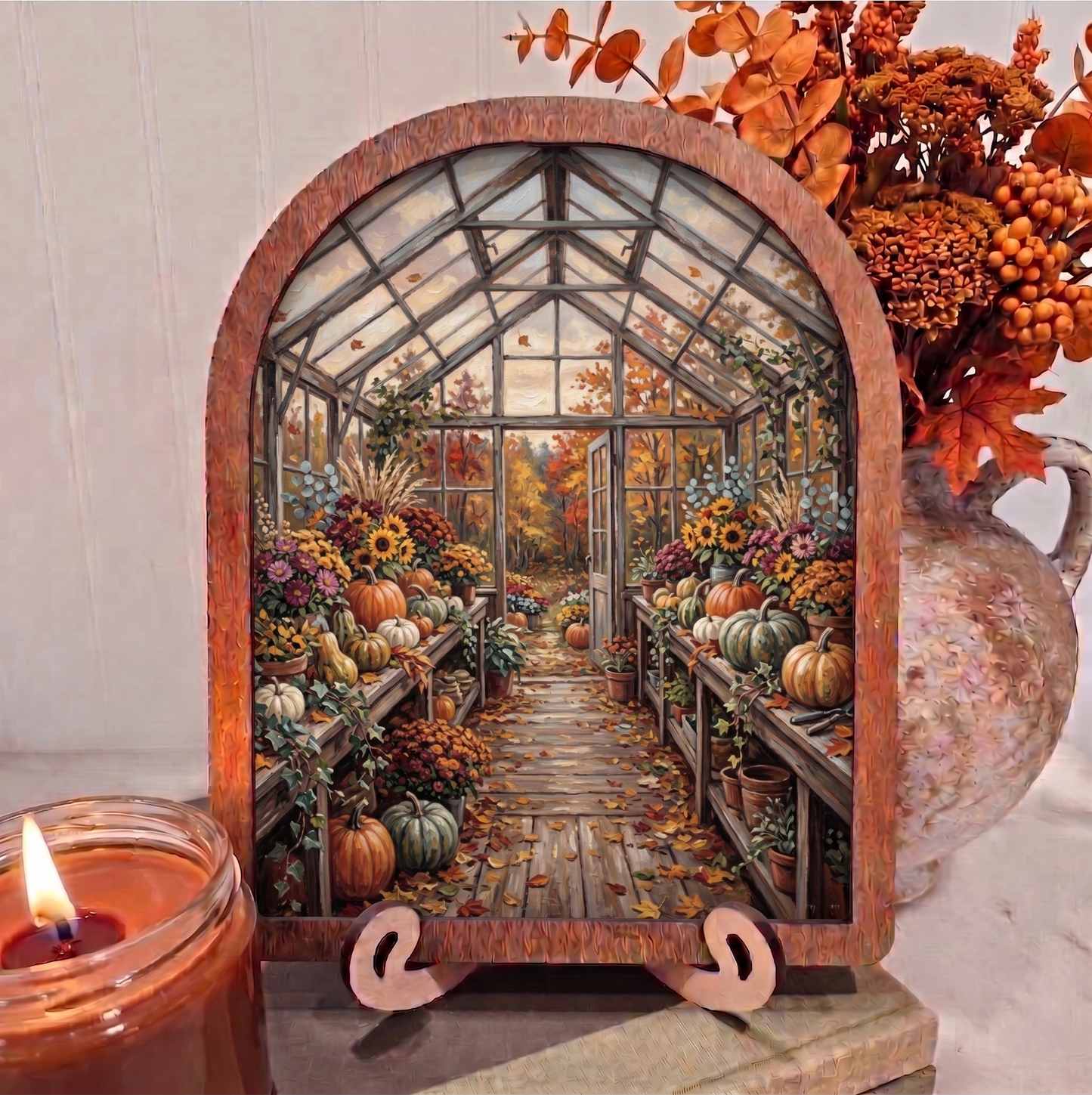 Arch Fall Greenhouse Mums and Pumpkins Framed Art Halloween