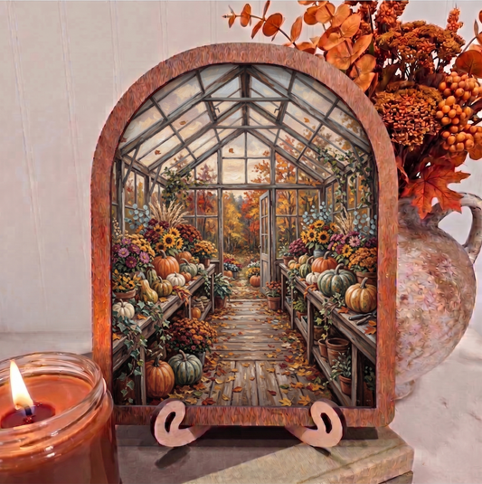 Arch Fall Greenhouse Mums and Pumpkins Framed Art Halloween