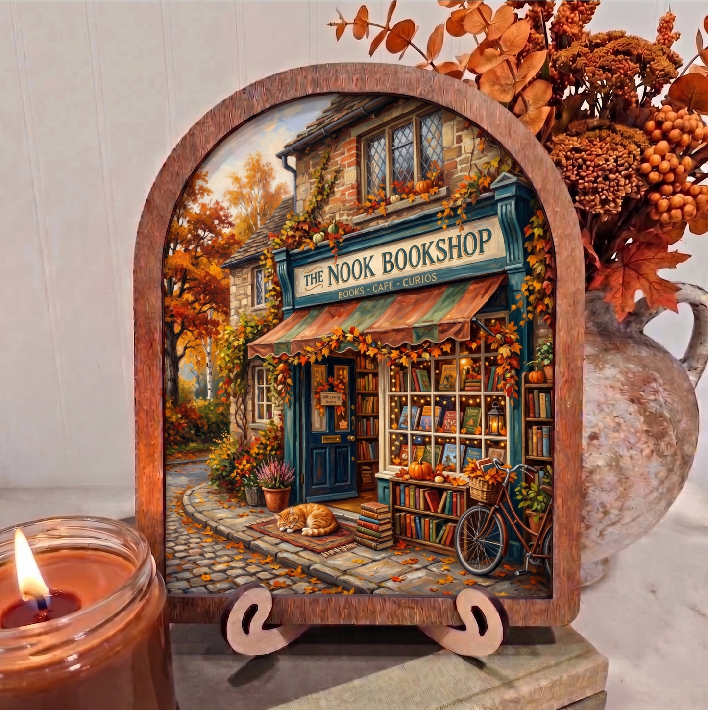 Arch Bookstore Book Shop Orange Cat Framed Art Halloween Fall