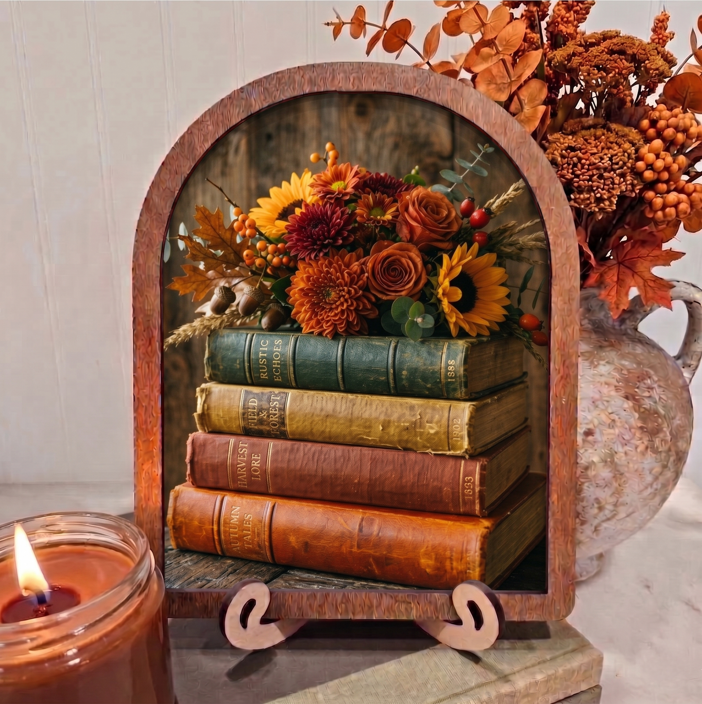 Arch Book Stack with Floral Mums Sunflowers Framed Art Halloween Fall