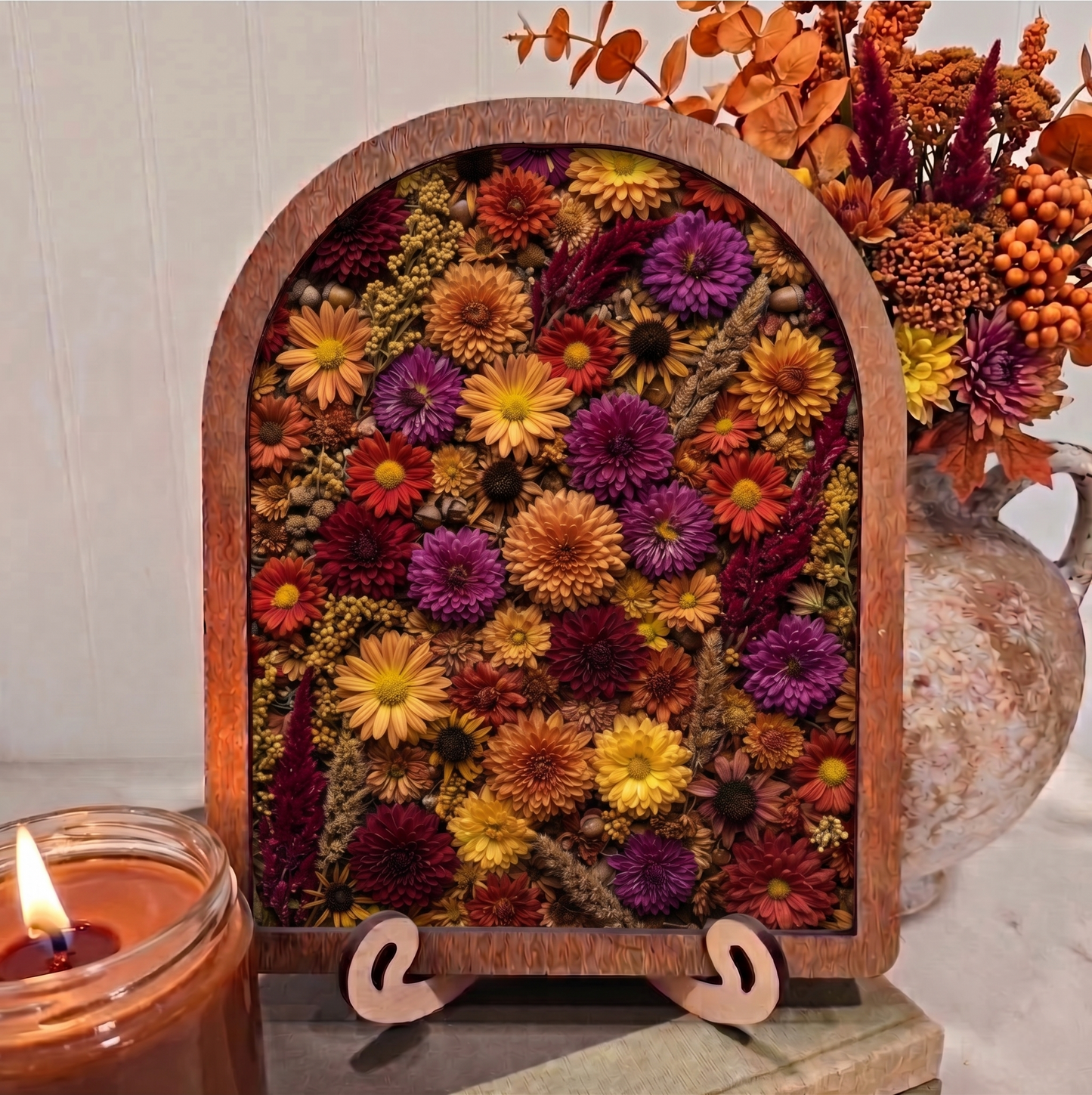 Arch Fall Mums Flat Lay Framed Art Halloween