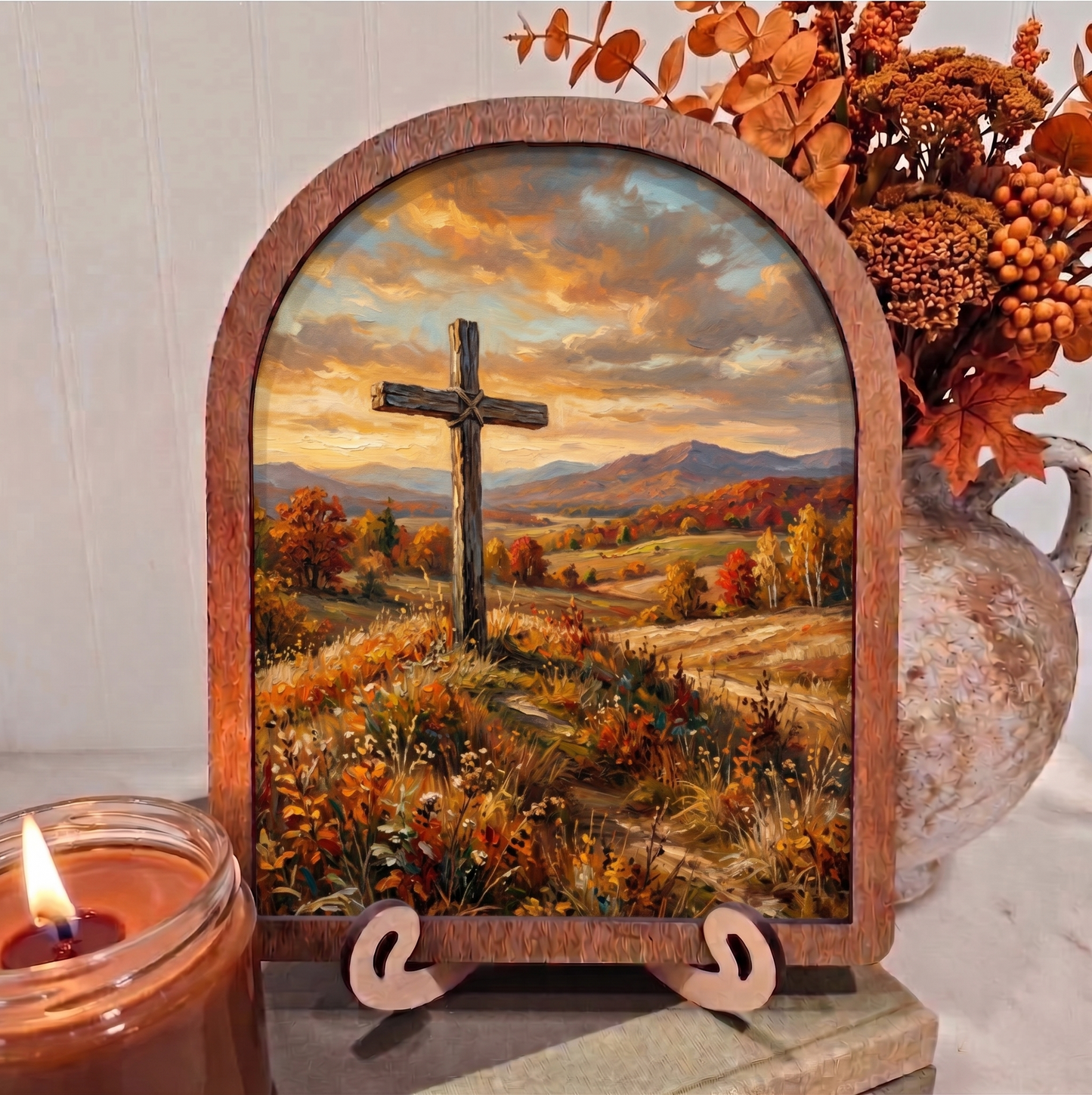 Arch Fall Sunset Rugged Cross Framed Art Halloween