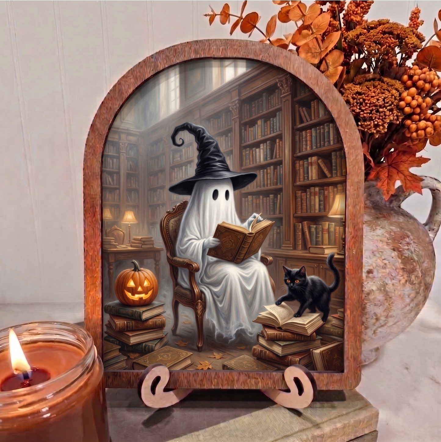 Arch Ghsot and Cat Reading in Library Framed Art Halloween Fall