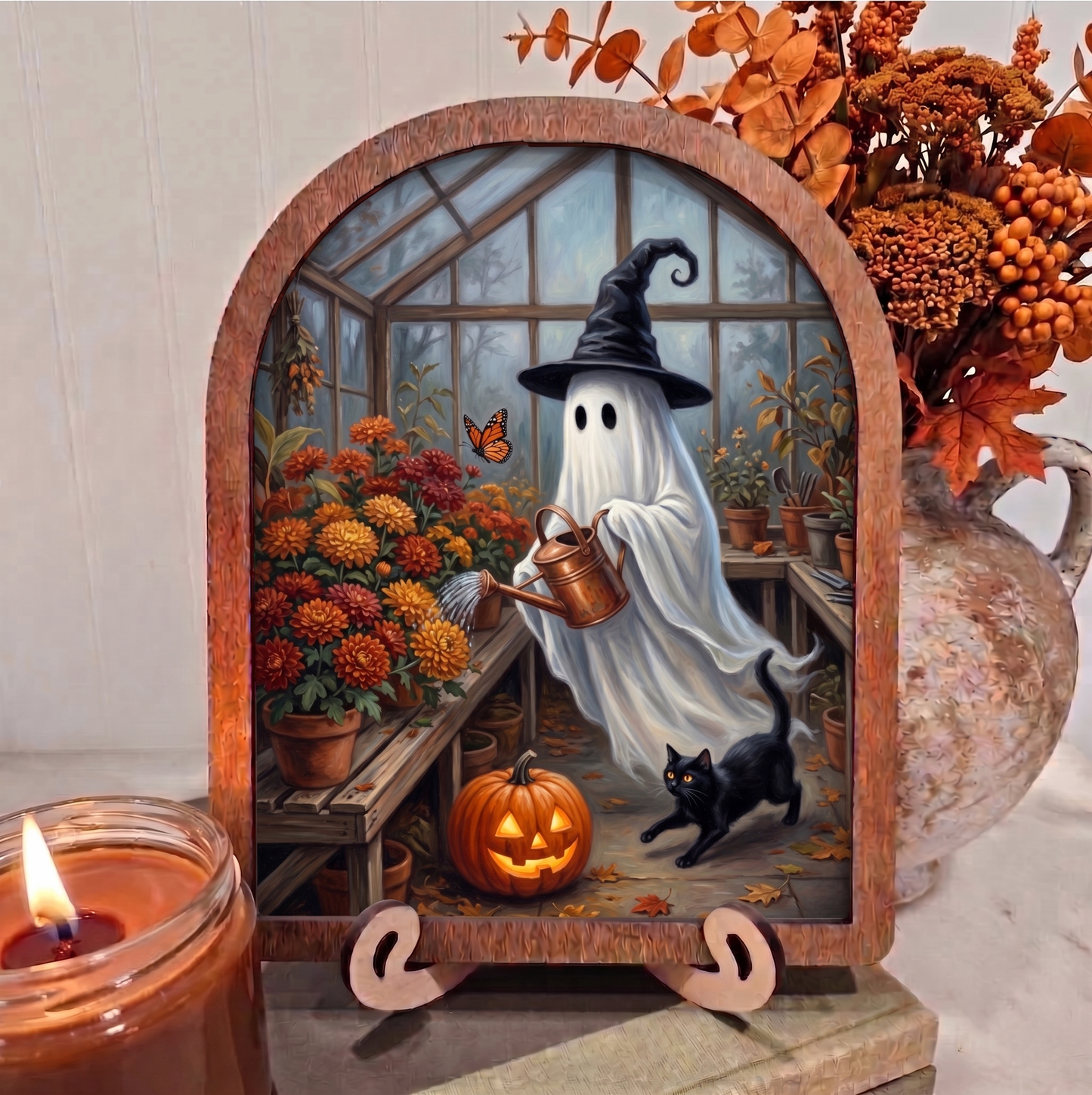 Arch Spooky Ghost and Black Cat in Greenhouse Framed Art Halloween Fall