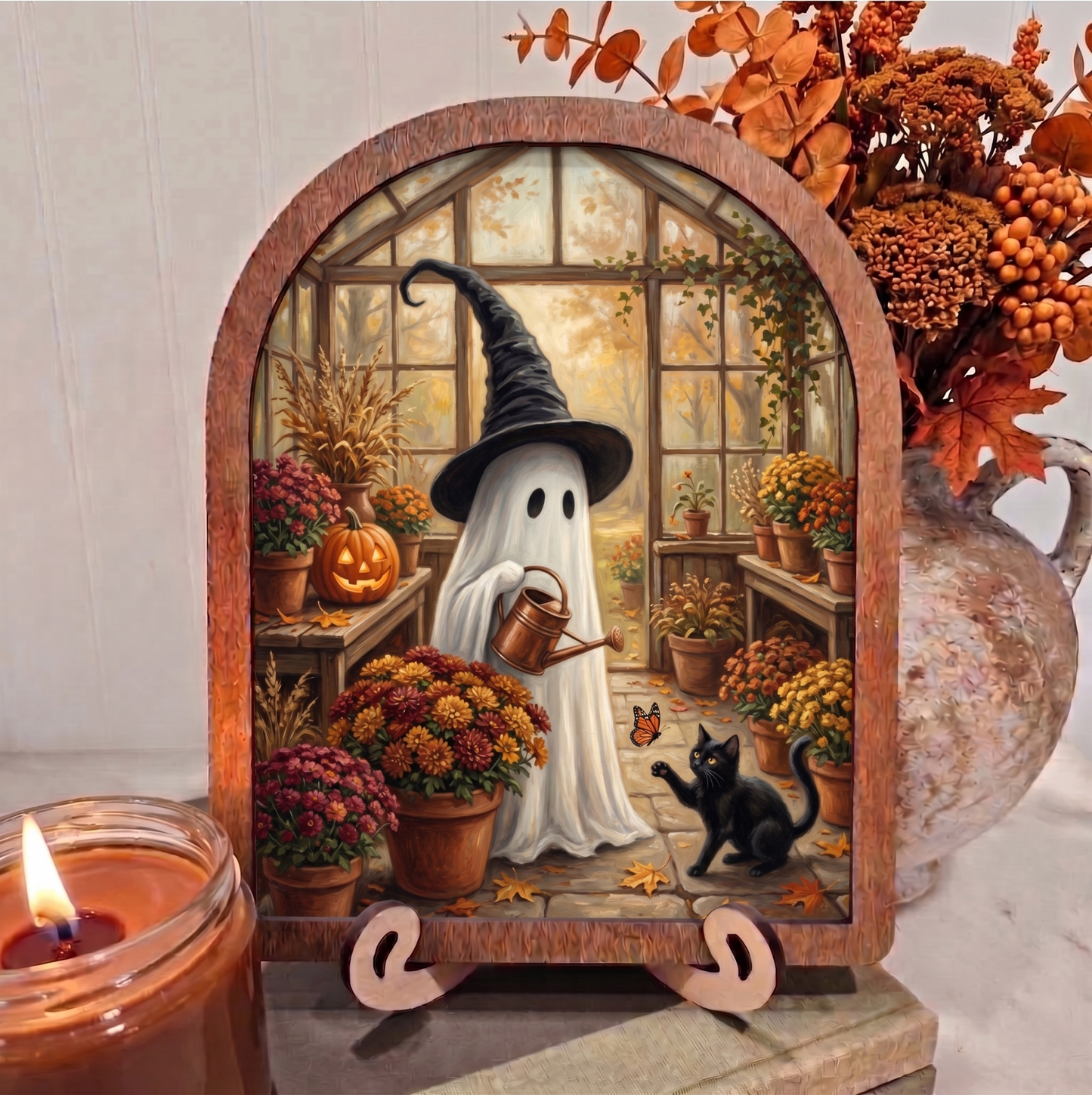 Arch Ghost and Cat Reading in Library Framed Art Halloween Fall
