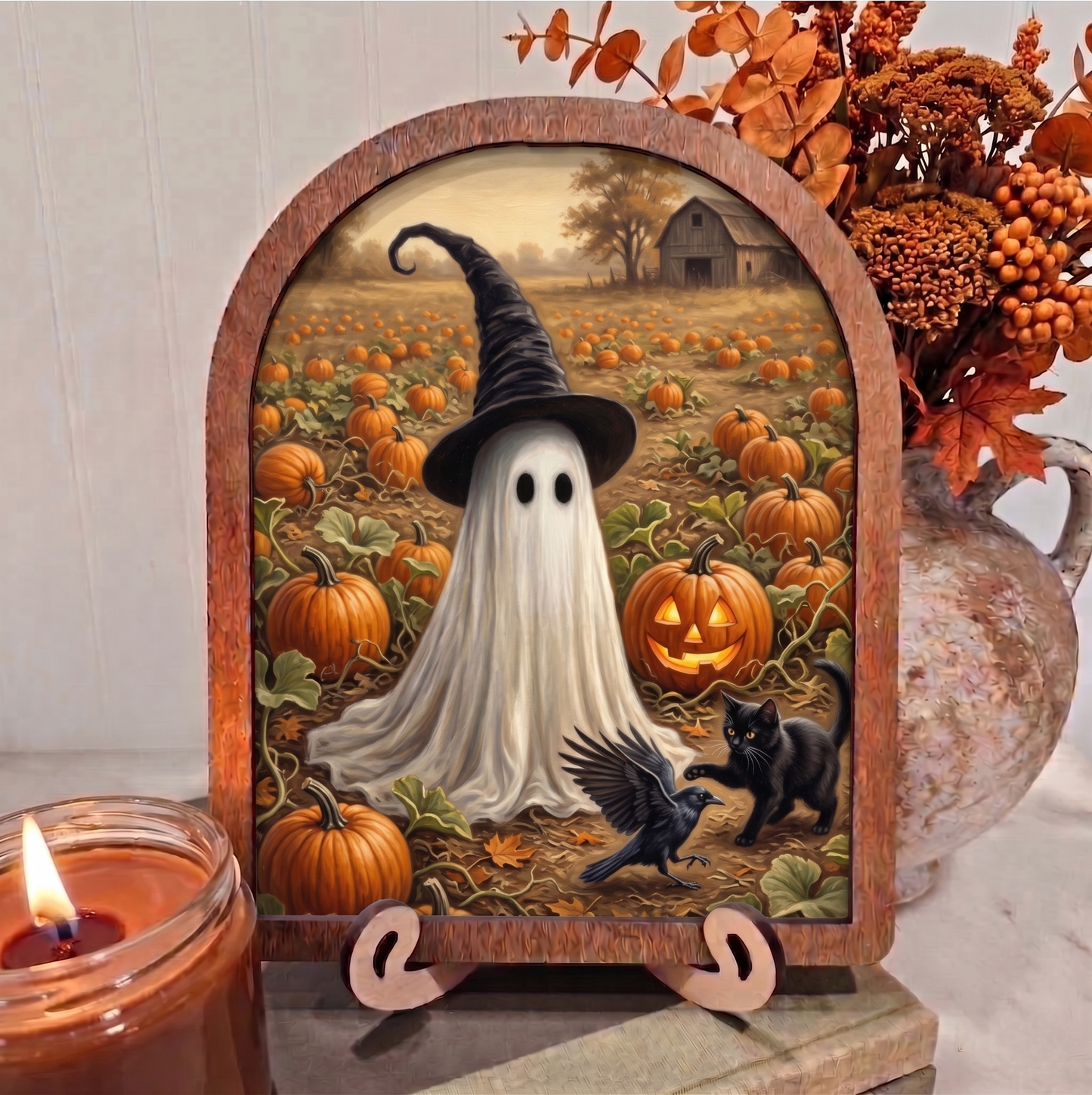 Arch Ghost Crow Black Cat at Pumpkin Patch Framed Art Halloween Fall