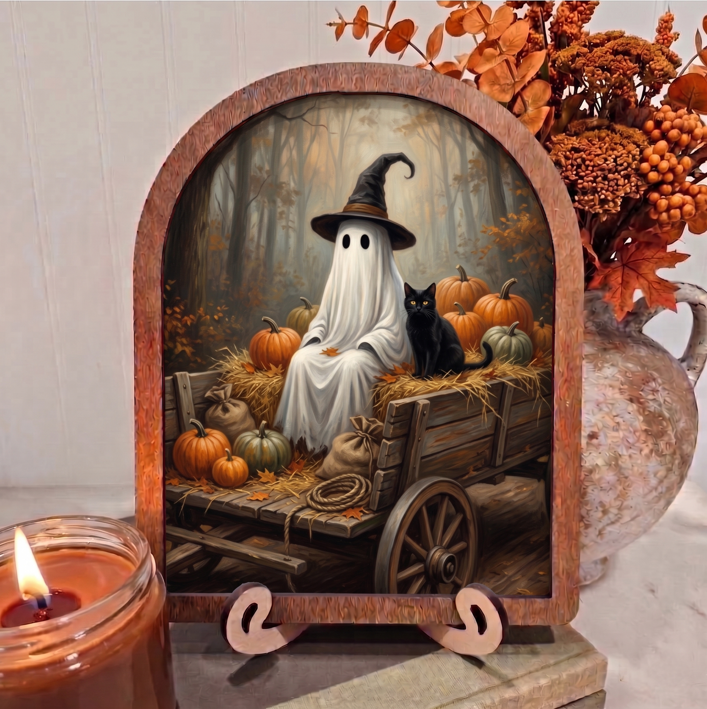 Arch Ghost and Black Cat Hayride Wagon Framed Art Halloween Fall
