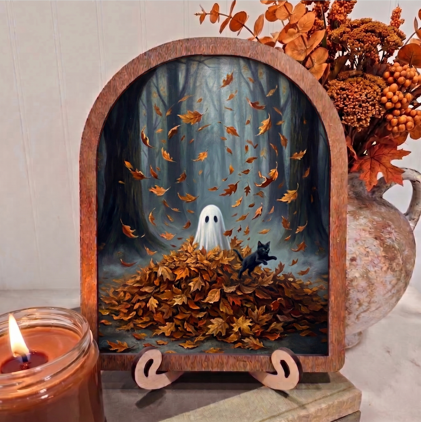 Arch Ghost and Black Cat Playing in Leaves Leaf Pile Framed Art Halloween Fall