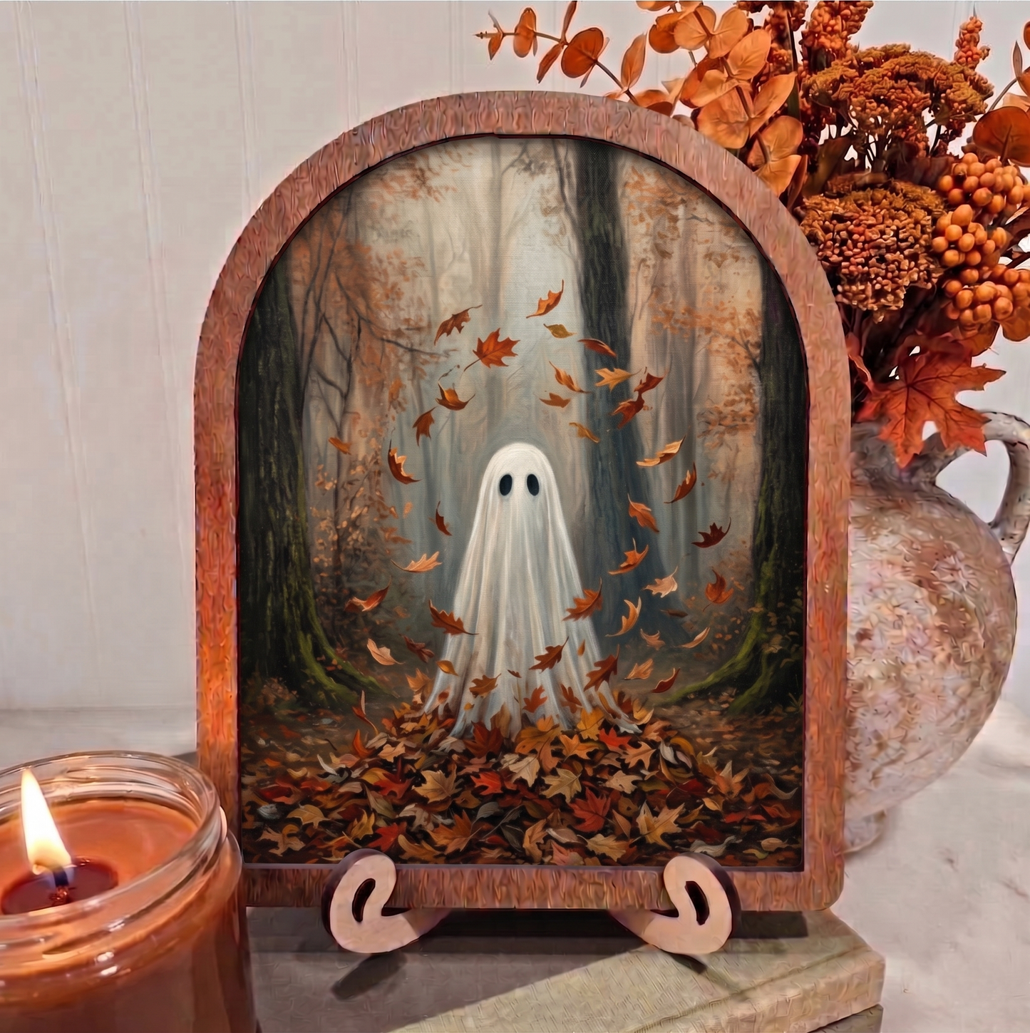 Arch Ghost in Circle of Leaves Framed Art Halloween Fall