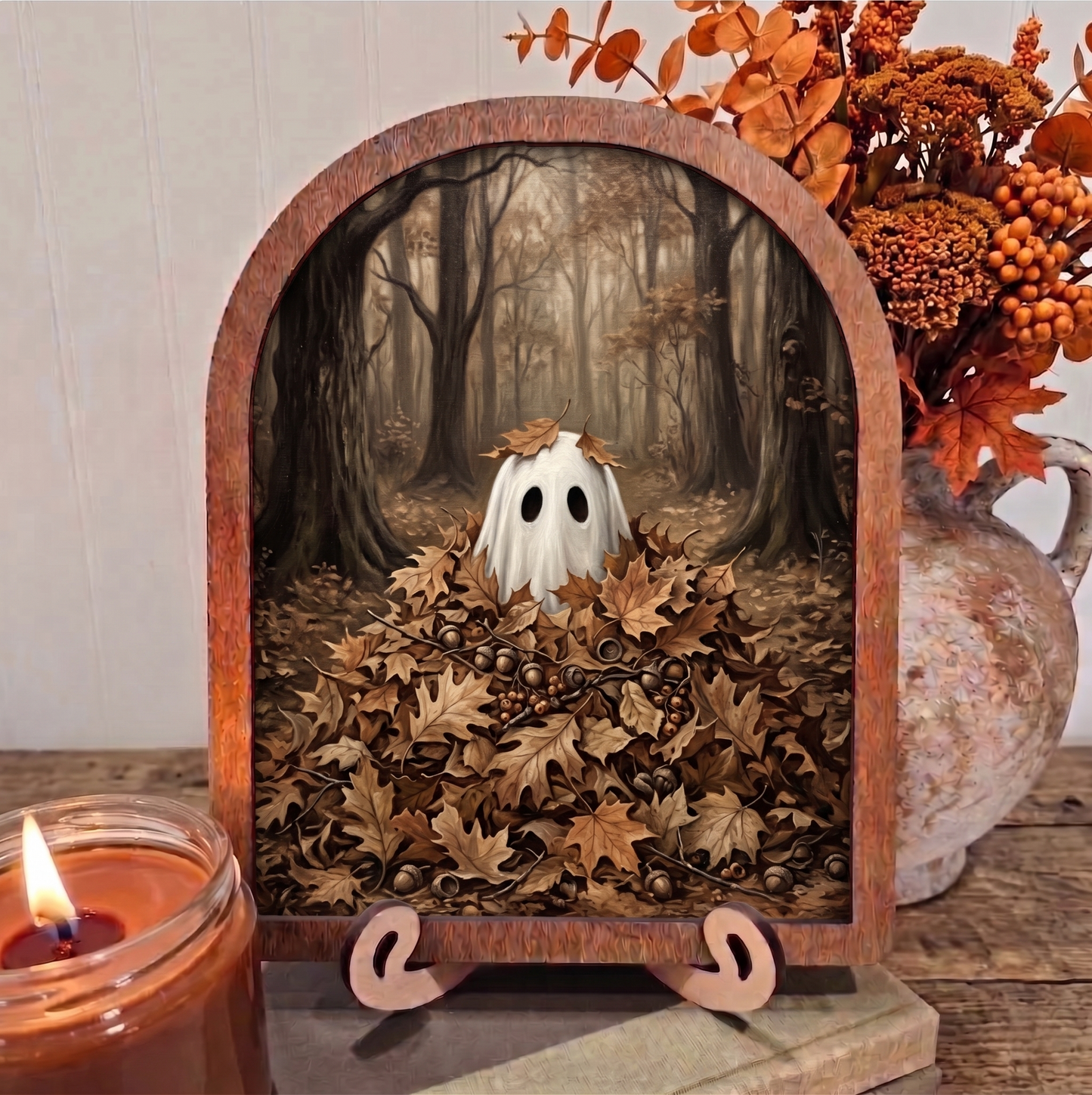 Arch Ghost Poking Head Out of Leaves Leaf Pile Framed Art Halloween Fall