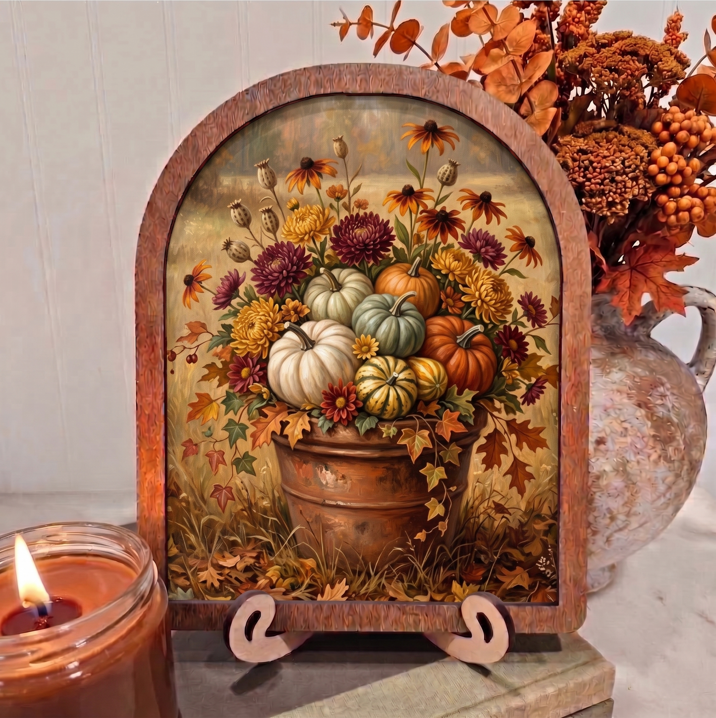Arch Copper Pot Pumpkins and Mums Framed Art Halloween Fall