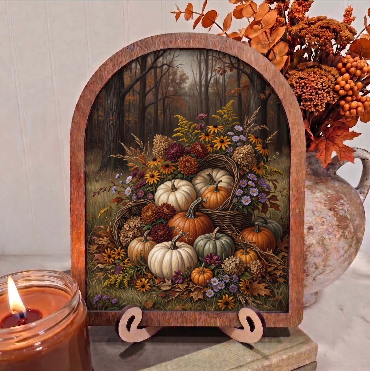 Arch Pumpkins and Floral Stack Framed Art Halloween Fall Dark
