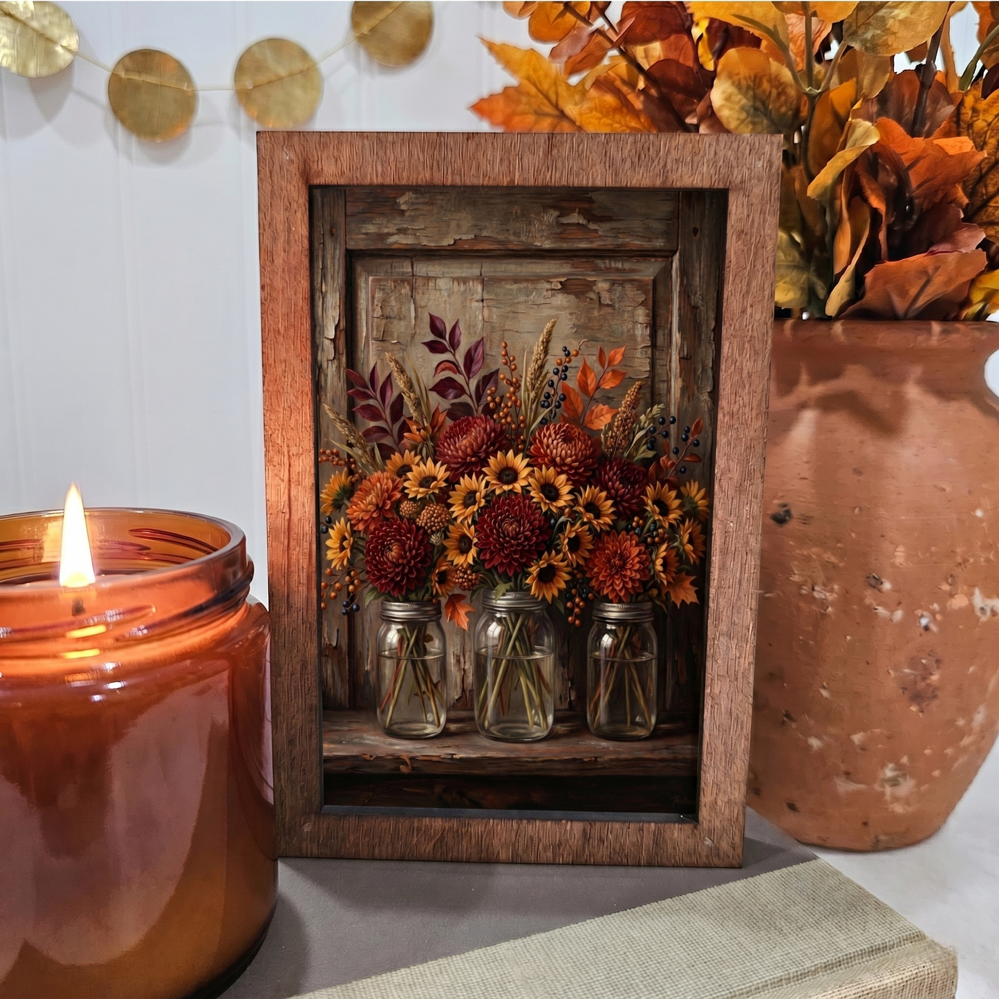 4x6 Wood Block Sign Art- Mason Jar Fall Flowers