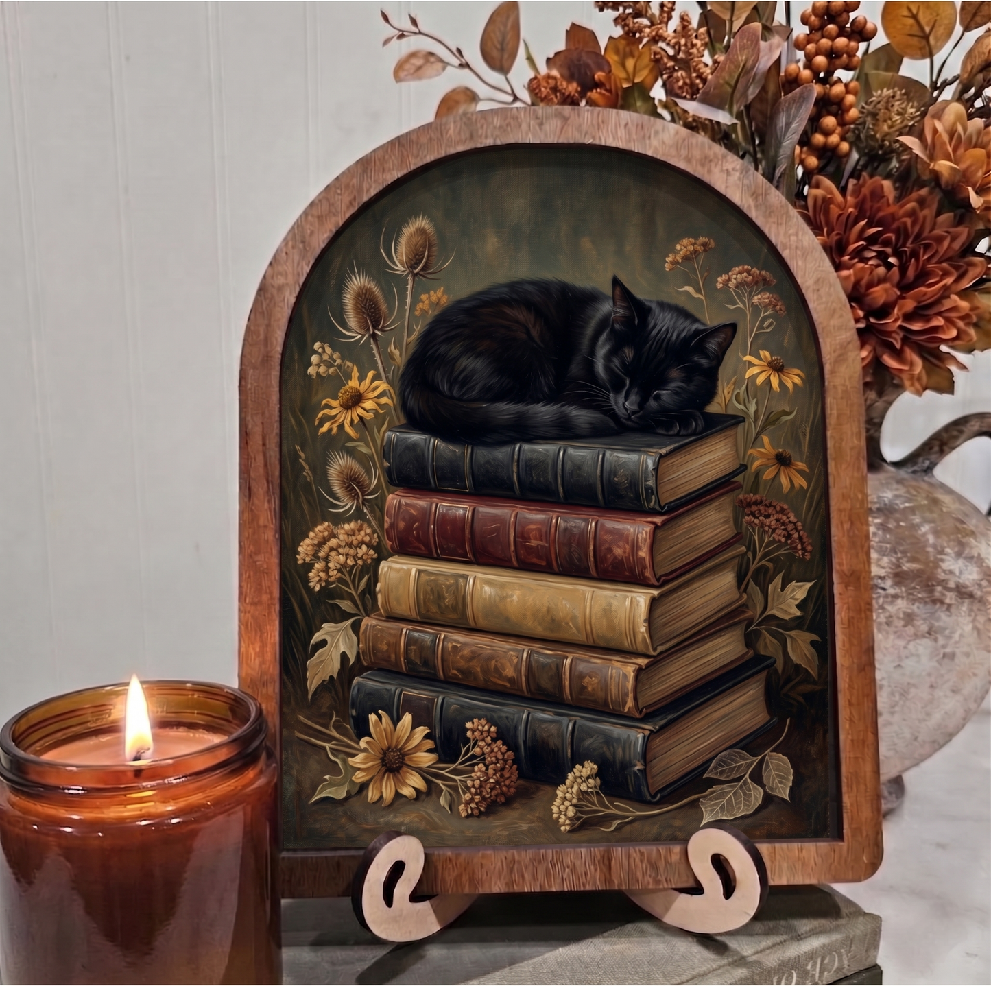 Arch Sleeping Black Cat on Books Framed Art Halloween Fall