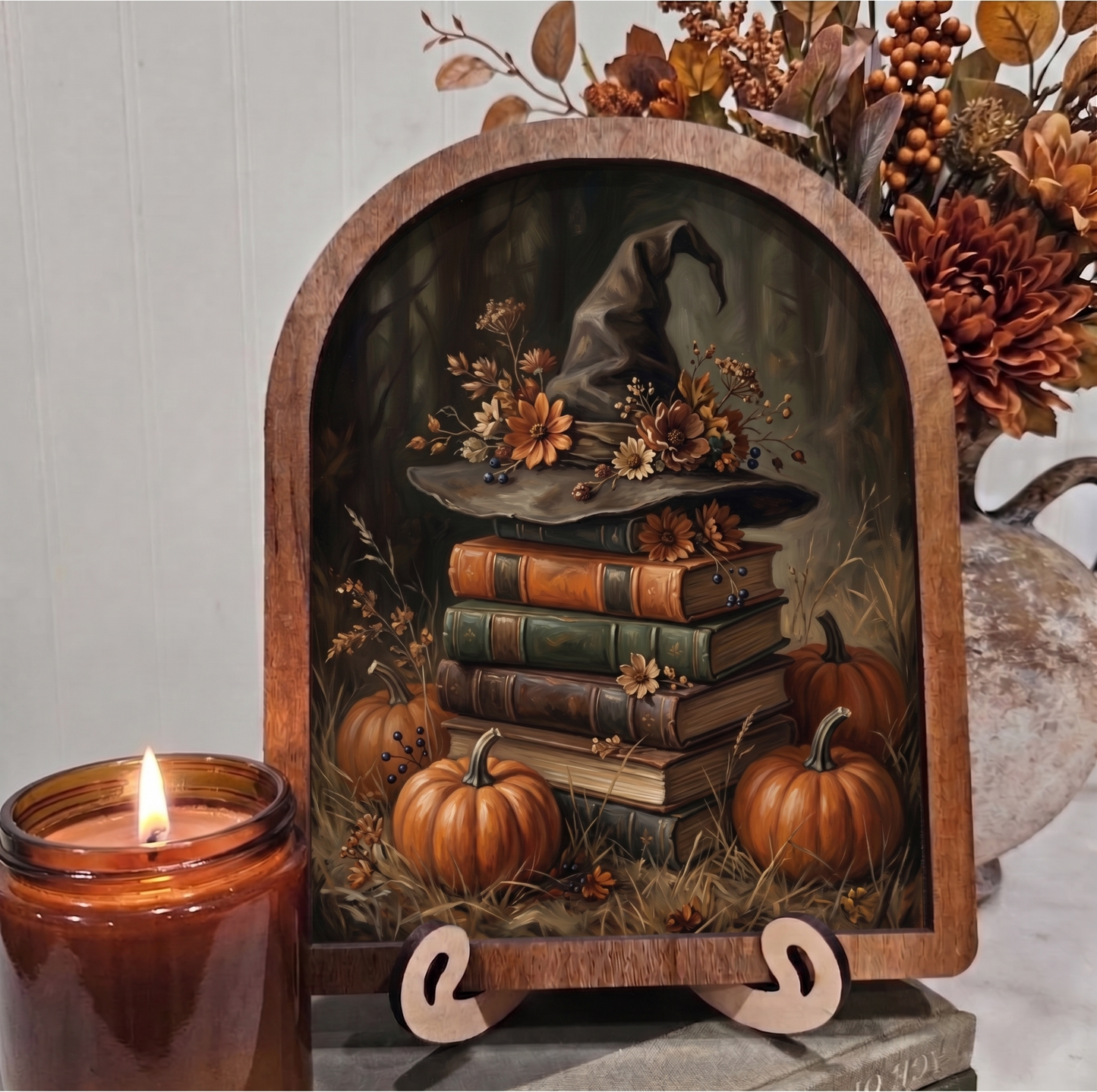 Arch Orange Witch Hat on Book Stack Framed Art Halloween Fall
