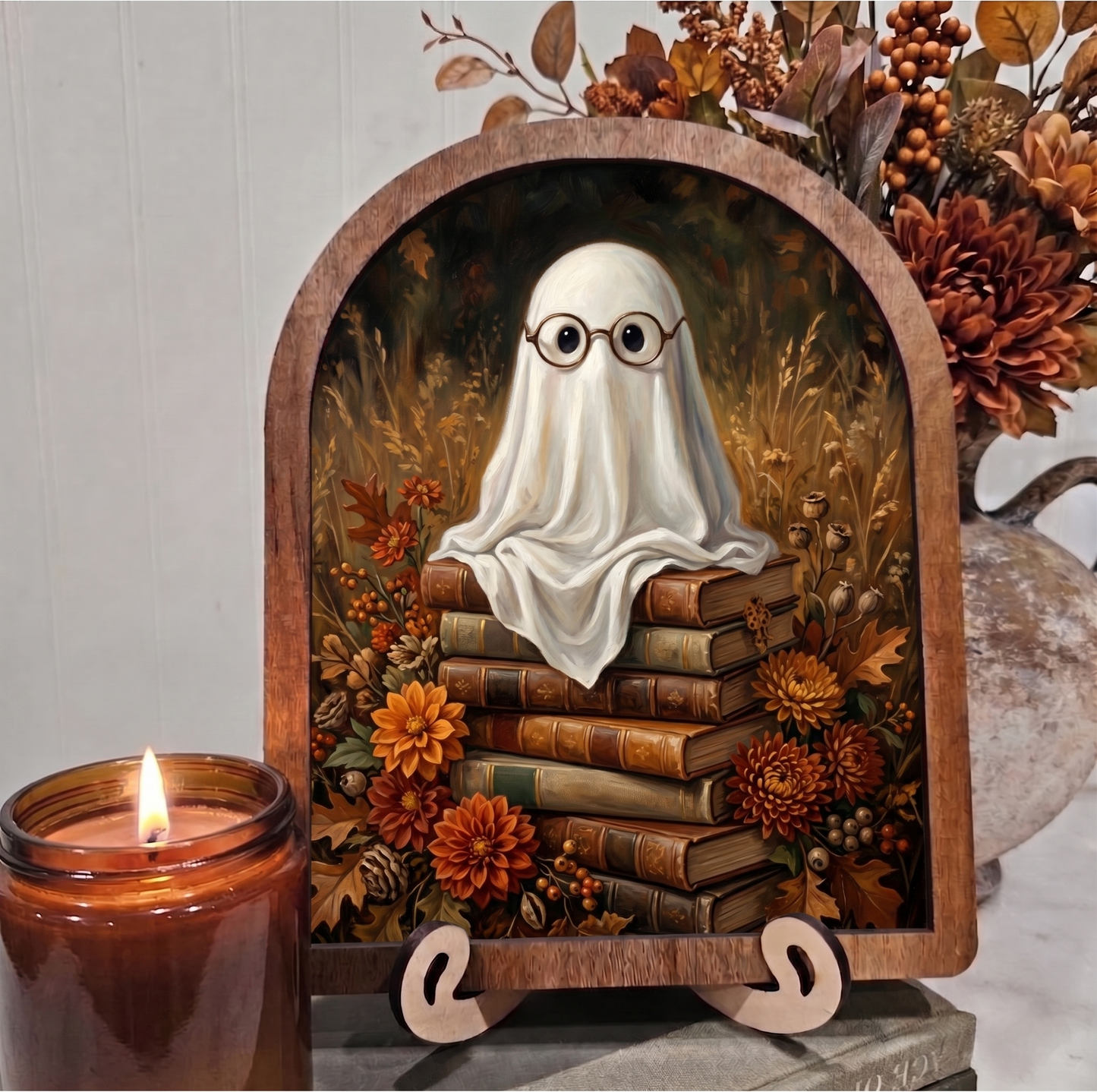 Arch Ghost with Glasses on Books Framed Art Halloween Fall