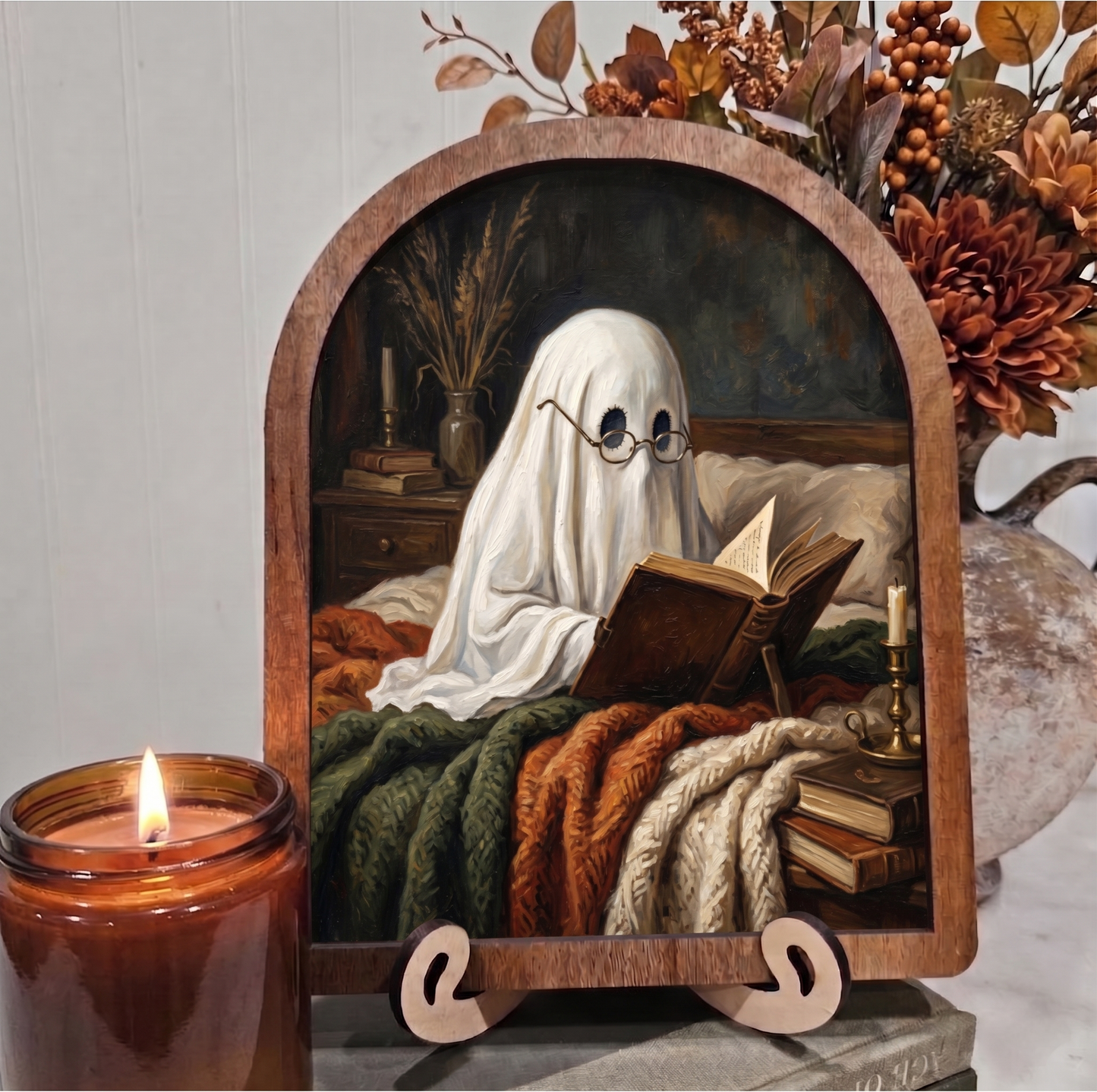Arch Ghost Reading in Cozy Bed Framed Art Halloween Fall