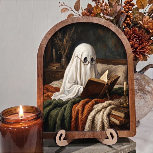 Arch Ghost Reading in Cozy Bed Framed Art Halloween Fall