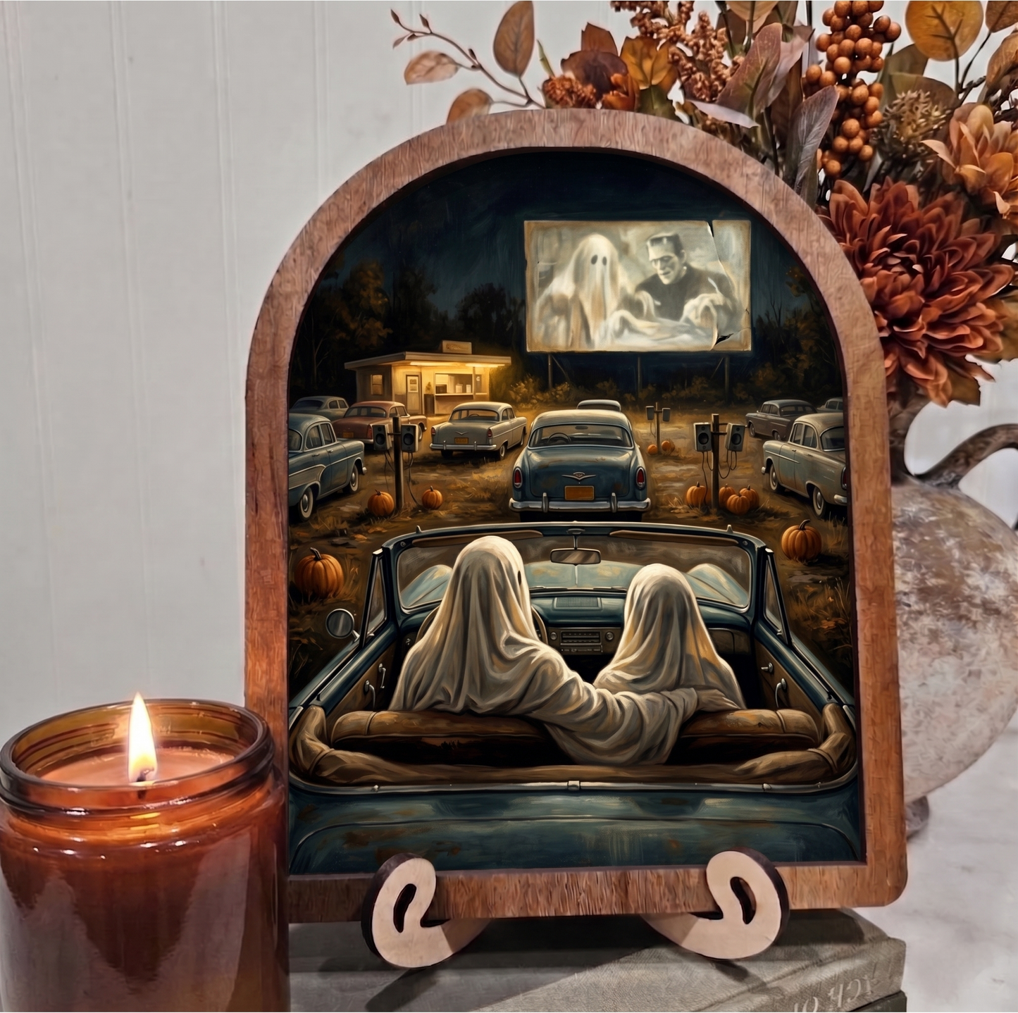 Arch Ghosts at Drive-In Movie Vintage Cars Framed Art Halloween Fall