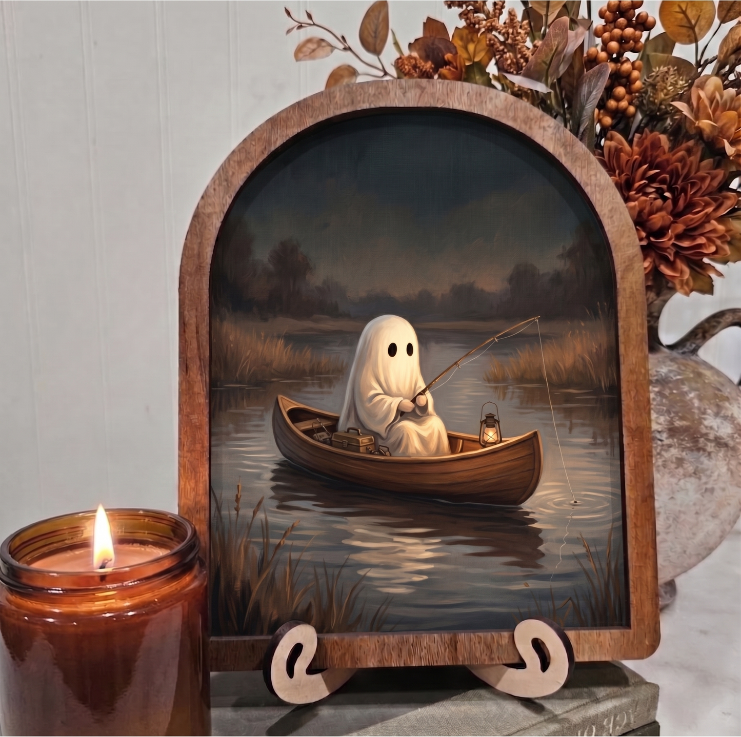 Arch Ghost Fishing in Canoe on Lake Framed Art Halloween Fall