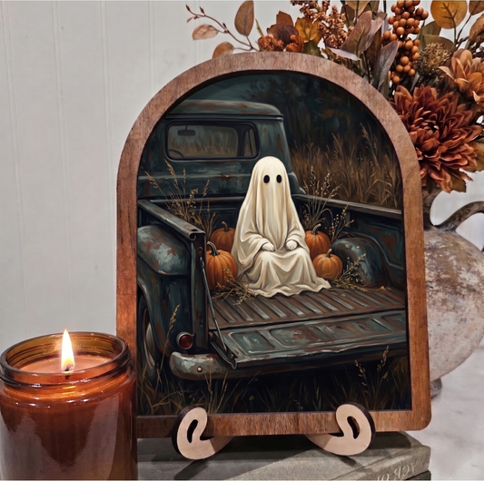 Arch Ghost in Blue Vintage Truck Framed Art Halloween Fall