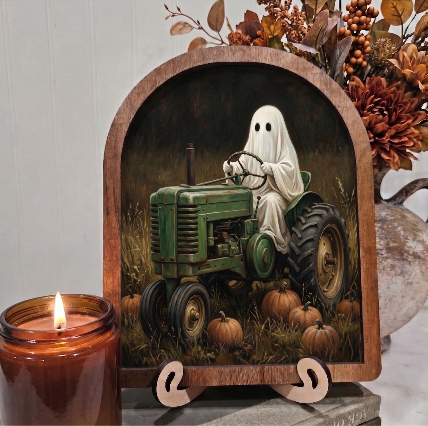 Arch Ghost on Green Tractor Framed Art Halloween Fall