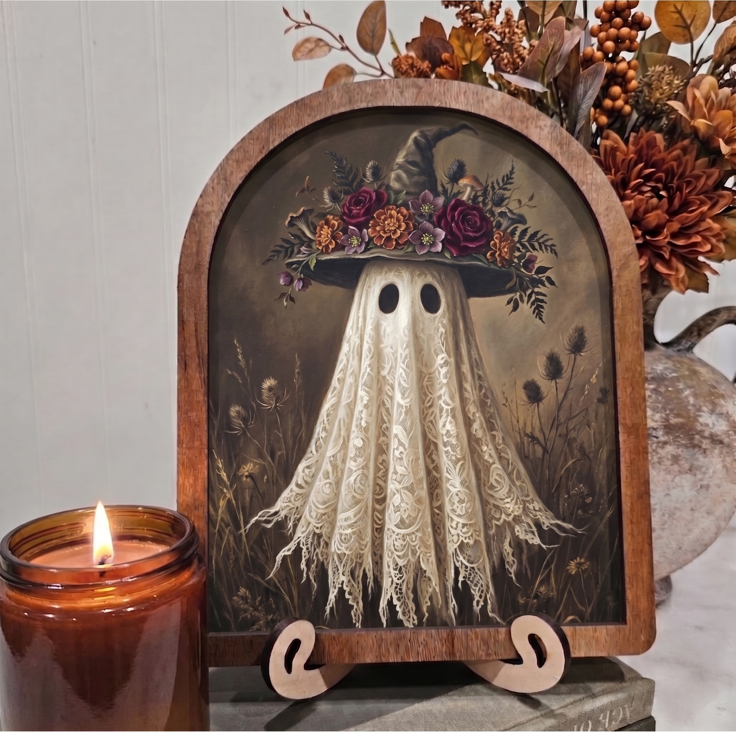Arch Lace Ghost with Floral Witch Hat Framed Art Halloween Fall
