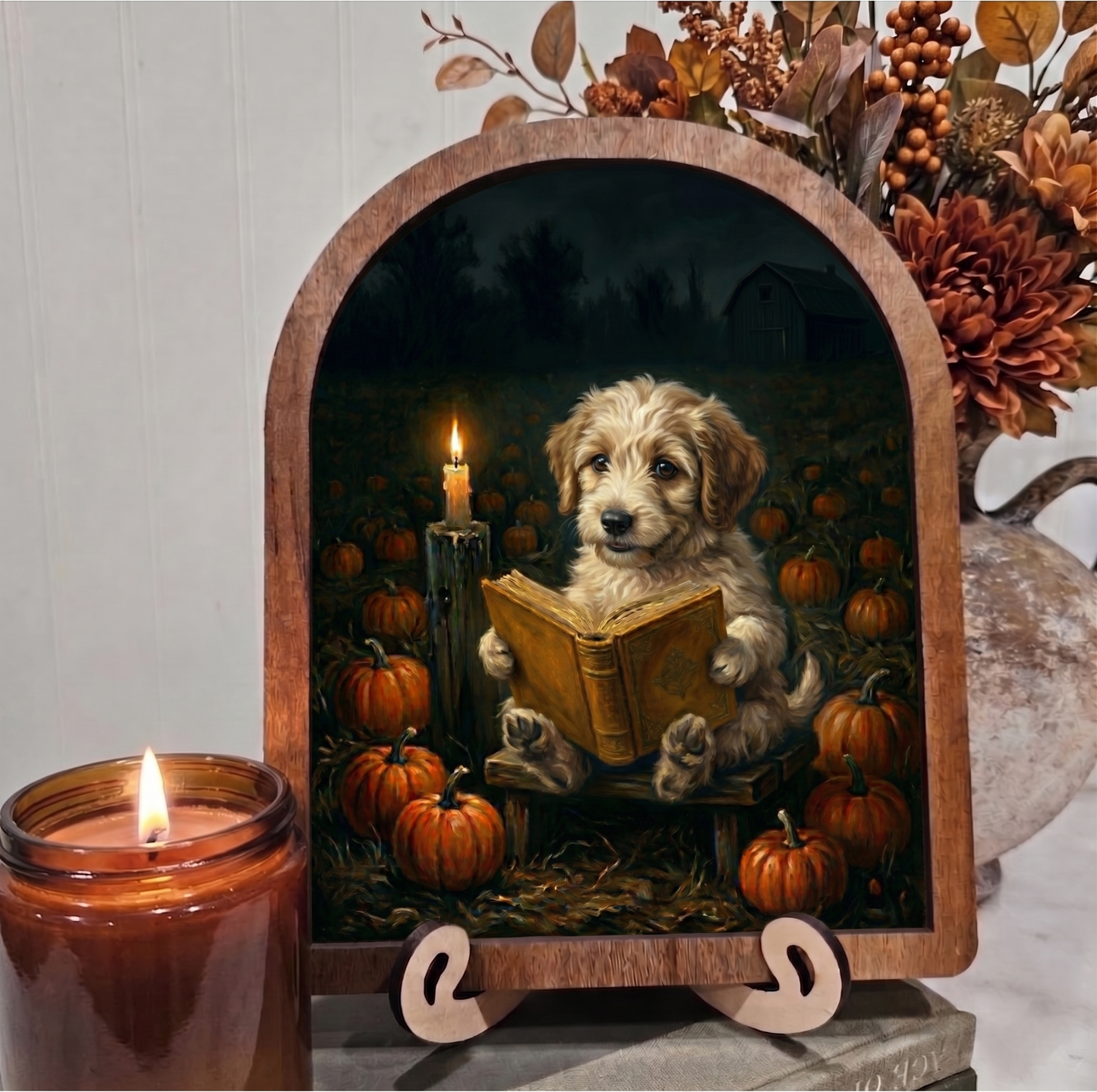 Arch Puppy Reading Book Framed Art Halloween Fall