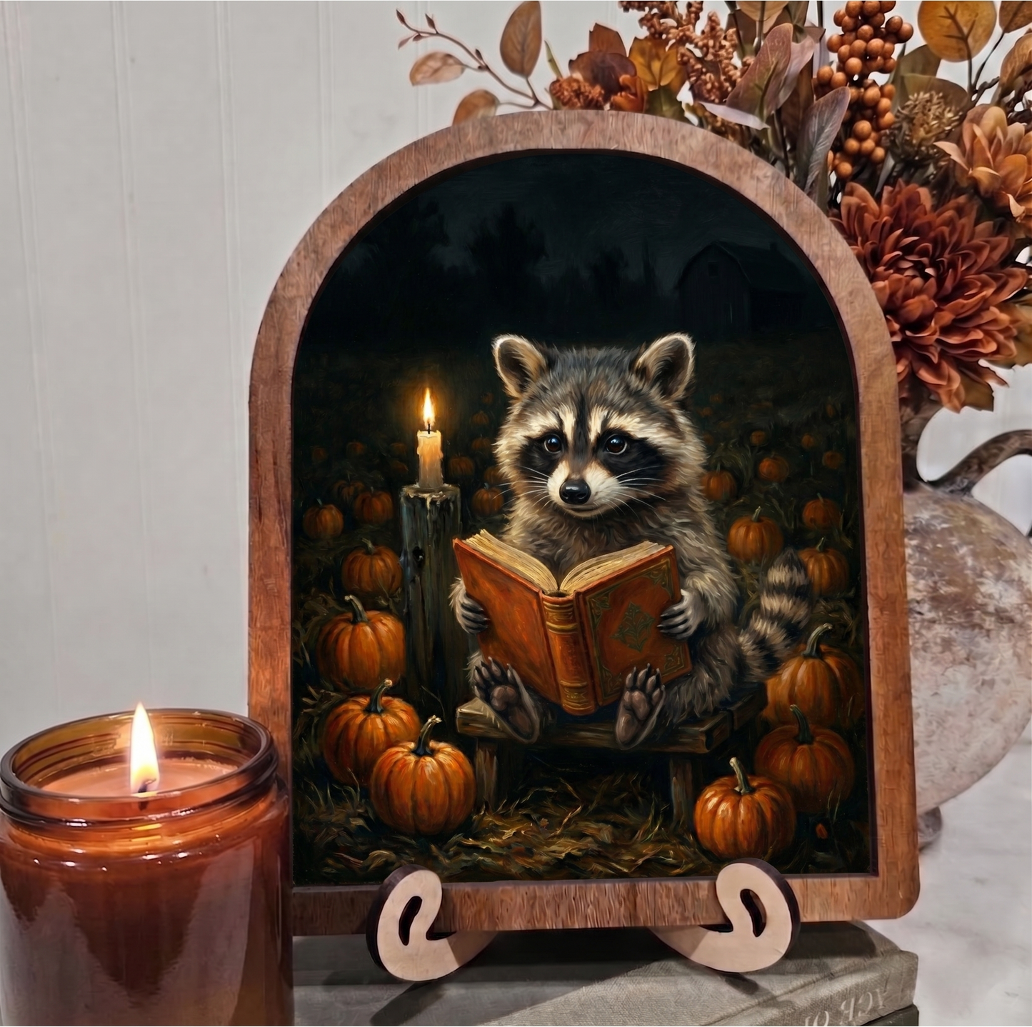 Arch Racoon Reading Book Framed Art Halloween Fall