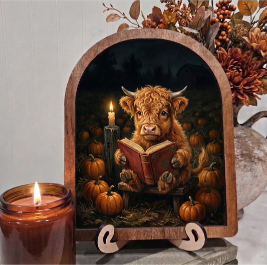 Arch Highland Cow Reading Book Framed Art Halloween Fall