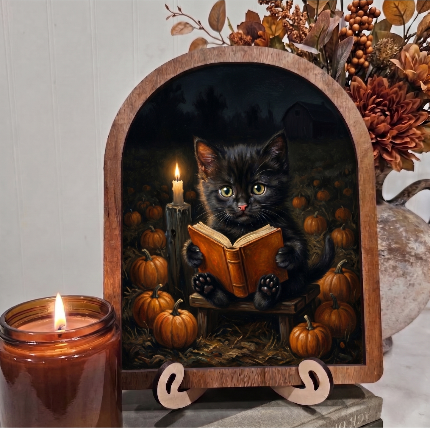 Arch Black Kitten Reading Book Framed Art Halloween Fall
