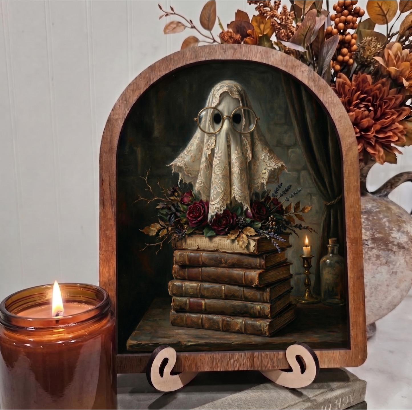 Arch Lace Ghost on Book Stack Framed Art Halloween Fall