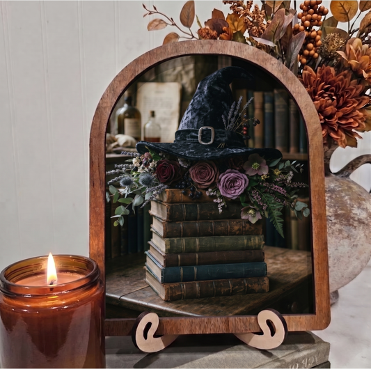 Arch Purple Witch Hat on Book Stack Framed Art Halloween Fall