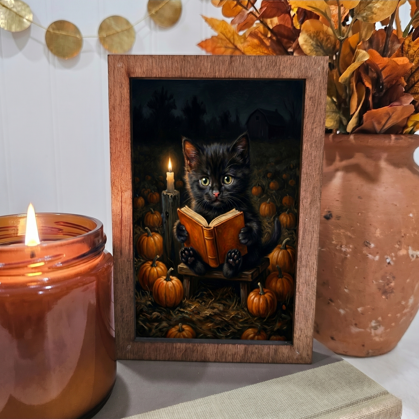 4x6 Wood Block Sign Art- Black Cat Reading Book Fall Bookish