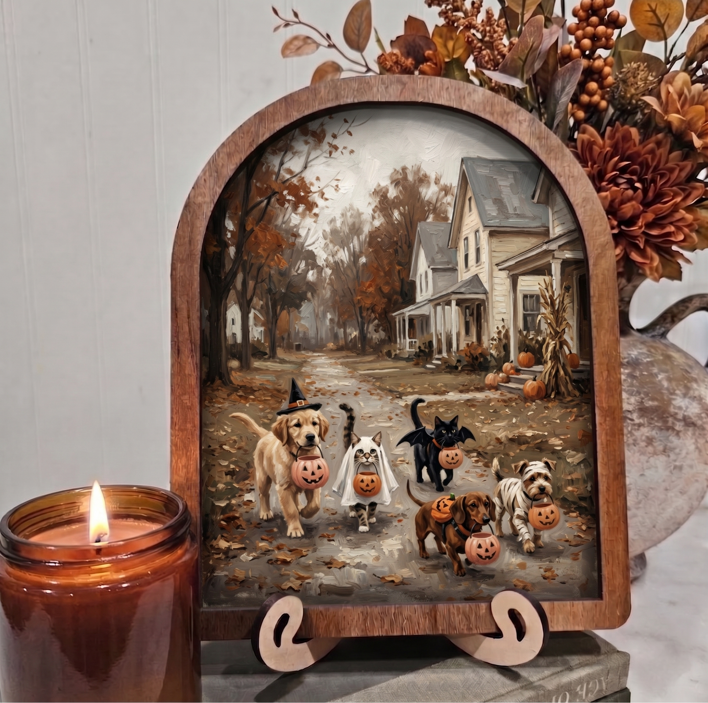 Arch Dogs and Cats Trick or Treating in Neighborhood Framed Art Halloween Fall
