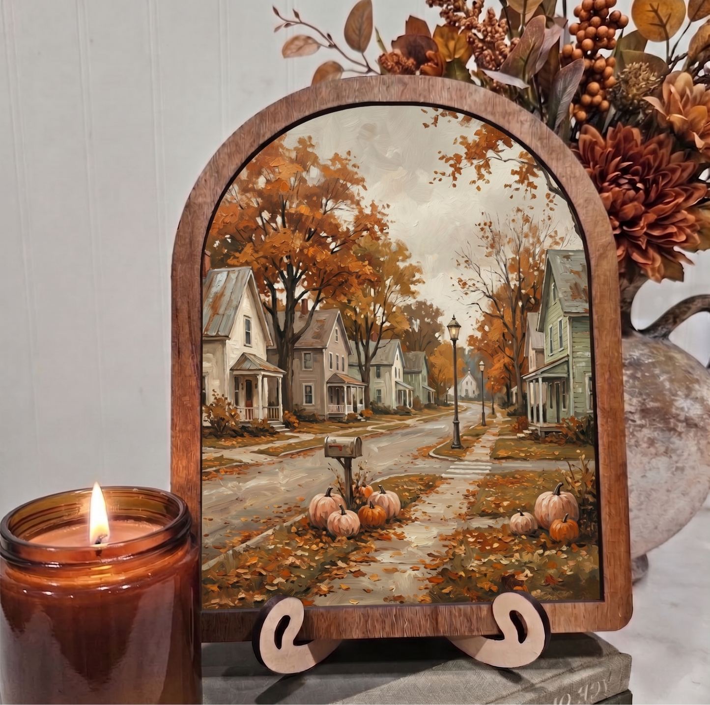 Arch Fall Suburban Neighborhood Framed Art Halloween