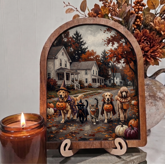 Arch Dogs and Cats Trick or Treating in Neighborhood Framed Art Halloween Fall Dark