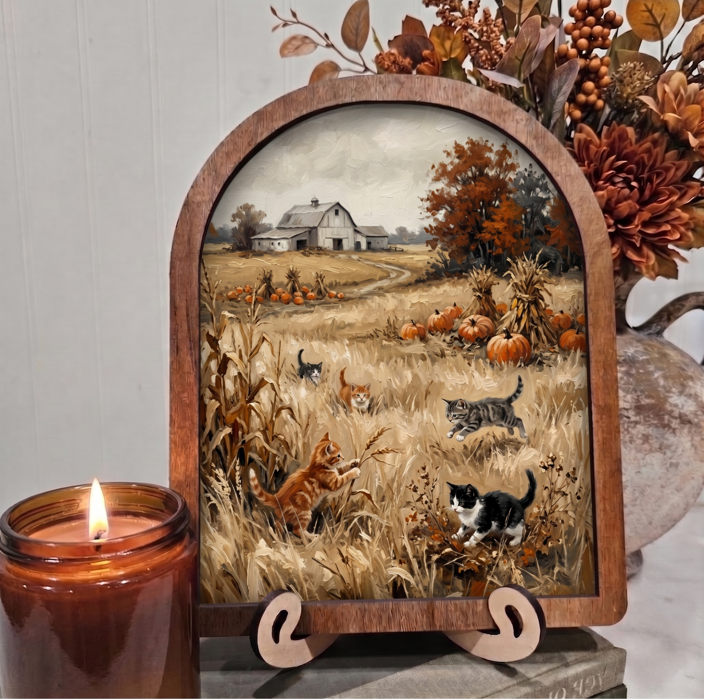 Arch Kittens Frolicking in Field Framed Art Halloween Fall