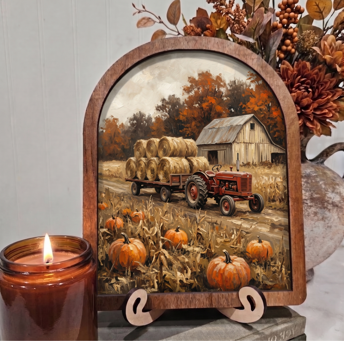 Arch Red Tractor with Hay Bales and Barn Framed Art Halloween Fall