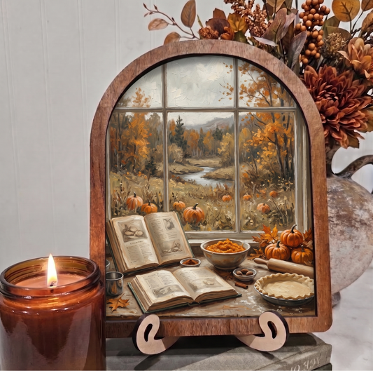 Arch Baking Pumpkin Pies Fall Window Framed Art Halloween
