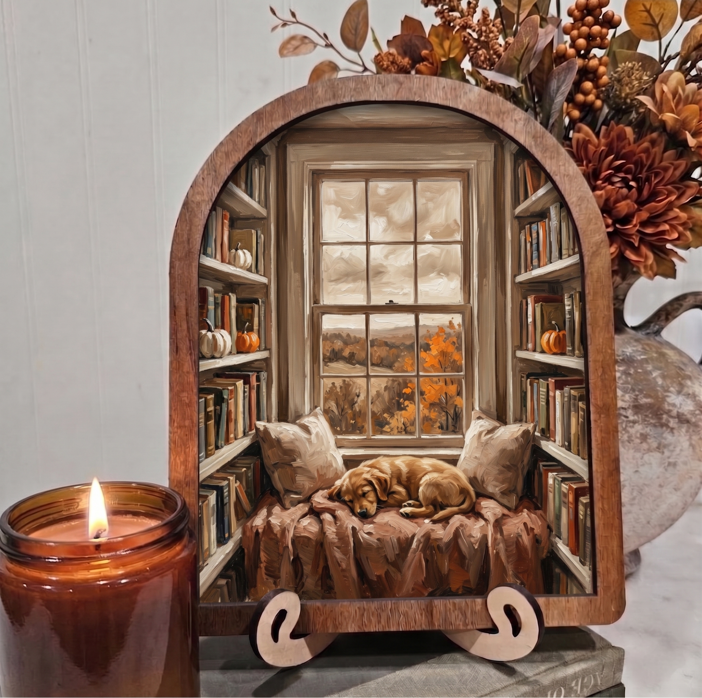 Arch Fall Window Reading Nook with Sleeping Dog Framed Art Halloween