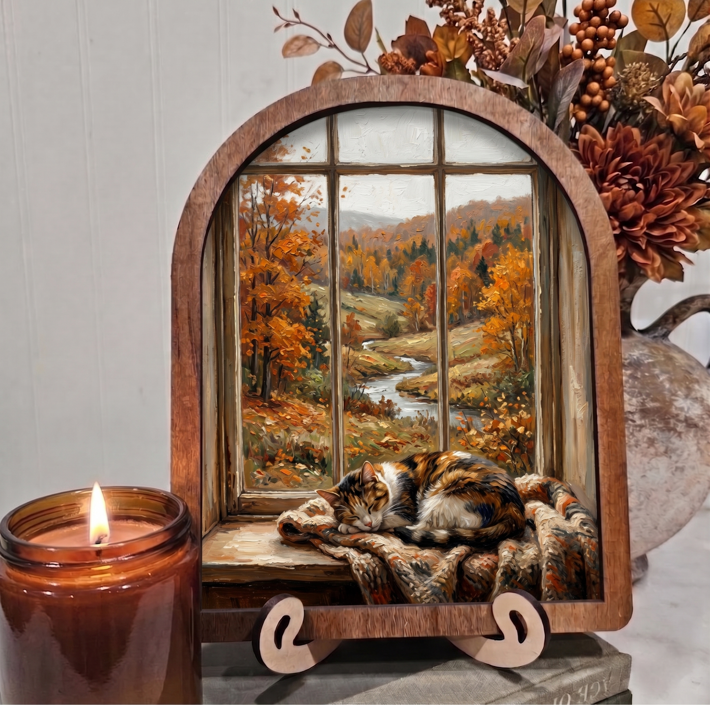 Arch Fall Window with Sleeping Calico Cat Framed Art Halloween